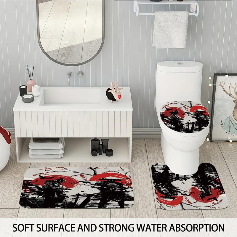Japanese Ukiyo-e Samurai Shower Curtain Set, 1 Count Shower Curtain Or 4 Counts Bathroom Decoration Set Including Shower Curtain, Bath Mat, Toilet Lid Cover, U-Shaped Mat, Bathroom Accessories, with 12 Hooks