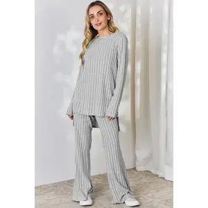 Basic Bae Full Size Ribbed High-Low Top and Wide Leg Pants Set