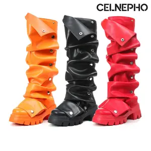 CELNEPHO Knee High Boots for Women Round Toe Fashion Fold Over Slouchy Boot Chunky Platform Heel Detachable Snap Off Panel Metallic Button Comfy Easy Pull on Outings Streetwear Events Work Casual Wear Gift Party Combat Dressy Shoes