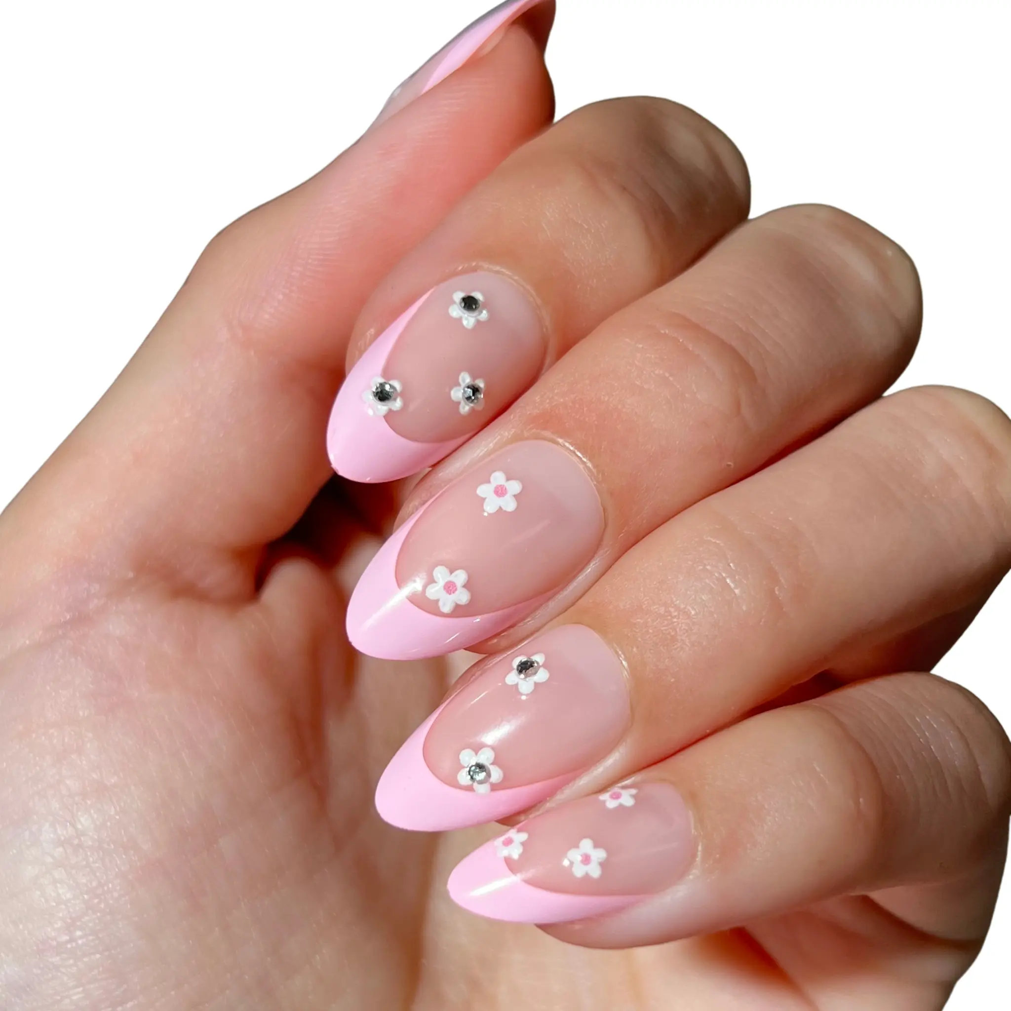 PaintLab Daisy Glam 3D Short Almond Press On Nails - Pink French Stip Floral Fake Nails, 30 Nails in 15 Sizes with Glue
