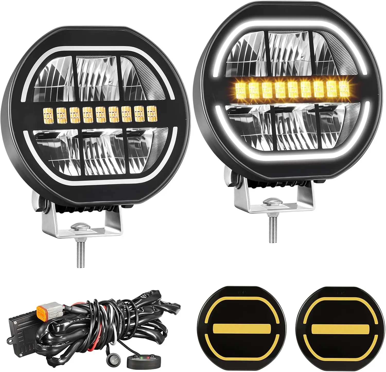 Partsam 5in 156W Round Aluminum Offroad Light Pods - 150W Power Bolt-On Dual Beam Headlight Upgrade, 16000LM Driving Lights with Snow-Melting Anti-Freeze Strobe, White-Amber Parking Spotlight w/Protective Covers for Trucks