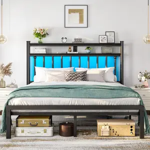 【880LBs Load Capacity】Queen/King Size,2 Storage Shelves Vintage Bed Frame with LED Lights, Metal Platform Bed Frame With Headboard, NO MATTRESS,Under Bed Storage Space & Strong Metal Slats,Noise-Free,Modern Bedroom Furniture,Easy Assembly,Black