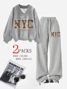 Nyc Leopard Print V-Neck Sweatshirt Set, Oversized Fit, Casual Sporty Style, Soft and Drapey, Available in and Light