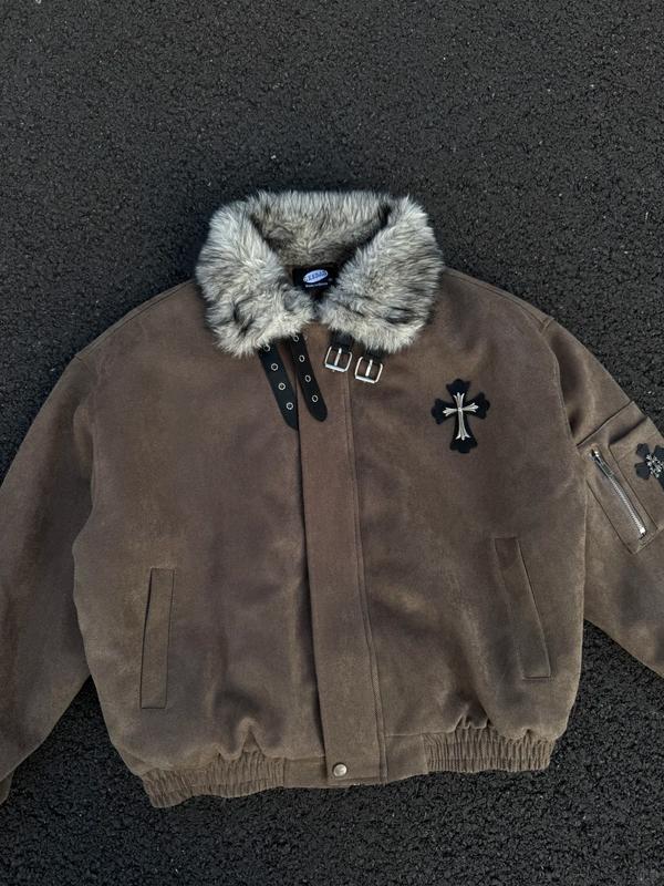 Unisex American Vintage Faux Fur Trim Mountain Carved Cotton Jacket, fleece lining + faux fur trim design + metal button decoration + cross embroidery + side zipper pocket + durable fabric construction, perfect for commuting or everyday street style, prov