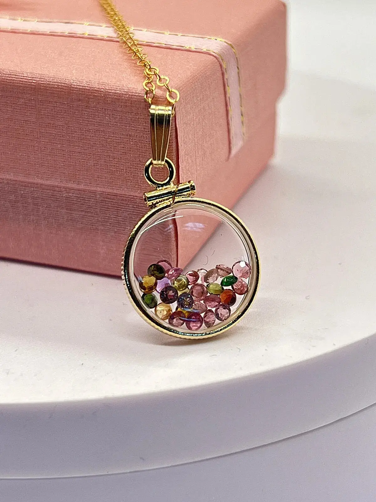 14k Solid gold dime size Lucite Shaker Locket with Tourmaline October birthday