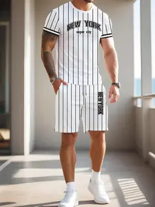 Men's Casual Tropical Fashion Set, Short Sleeve & Shorts Combo, Base Vertical Stripes, Letter Pattern, Perfect for Travel, Menswear