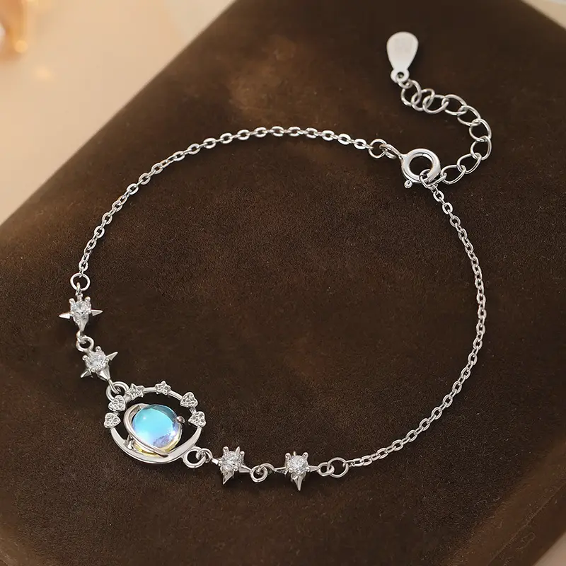 Women's High Quality Adjustable Silver Planet Bracelet - Blue Opal, Moonstone, Rhinestone Decorated Sparkly CZ Star Hand Chain Jewelry for Summer Vibes, High Quality Bracelet, Adjustable Bracelets