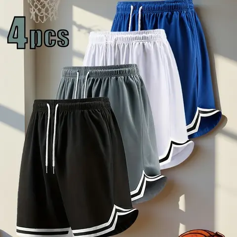 Men's 4-Pack Loose Straight-Leg Basketball Shorts - Minimalist Solid Color Ice Silk, Breathable, Versatile Casual Athletic Shorts, Cool for Running, Fitness