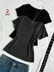 Women's Two-Piece V-Neck Short Sleeve T-Shirt Set, Y2K Style Fitted Basic Top, Soft Elastic Casual Summer Wear, Trendy Layering Innerwear, Womenswear