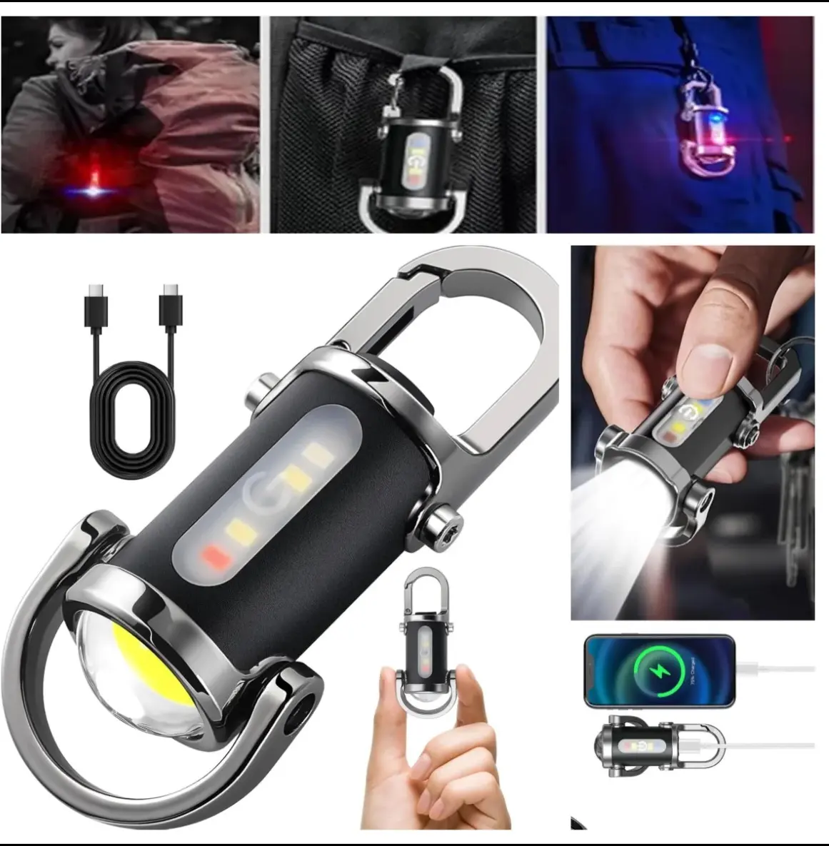 3-in-1 Emergency Keychain Flashlight – All-Metal Rechargeable EDC Tool with Red/Blue Strobe, 1200mAh Battery, USB-C, IPX7 Waterproof & 7 Modes – Ultra-Bright Mini Light for Emergencies, Camping & Outdoor Use (1PC/2PC)