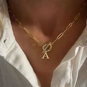 26 Shiny Diamond Letter Paperclip Chain OT Buckle Necklace Simple Elegant Name Necklace Wholesale Alphabet Detail Pendant