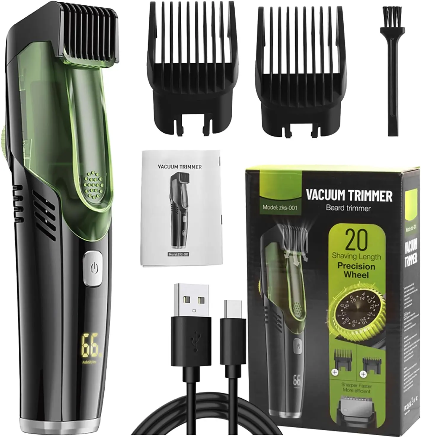 Electric Facial Hair Trimmer with Suction Cordless Wet Dry Shaving Tool for Stubble Goatee Rechargeable 2-in-1 Mens Compact Travel Razor