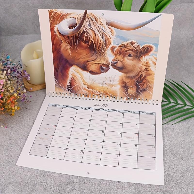 Scottish Highland Cow 2026 Wall Calendar, Doodle Typography Calendar, 12-Month Planner with Monthly Pages, Perfect Gift for Animal Lovers & Home Decor Enthusiasts