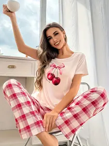 Women's 2-Piece Cherry Print Short Sleeve Top and Plaid Long Pants Pajama Set, Spring Summer Home Wear, Comfortable Fashion Design