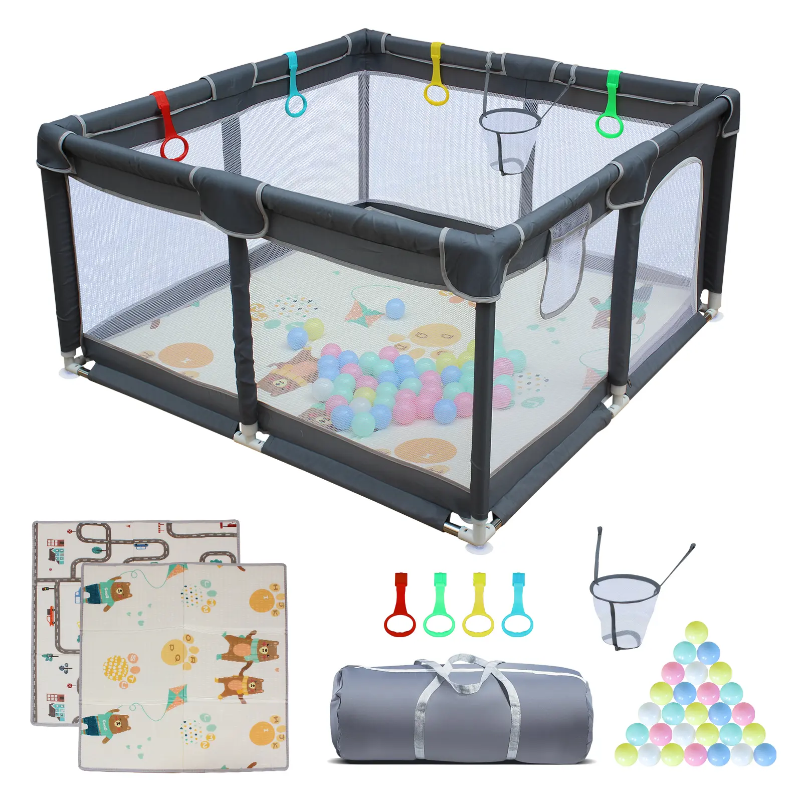 Baby Playpen for Babies with Basketball Hoop, Mat, Balls, Carry Bag, 47"x47" Safe Indoor-Outdoor Floor Playpen for Toddlers