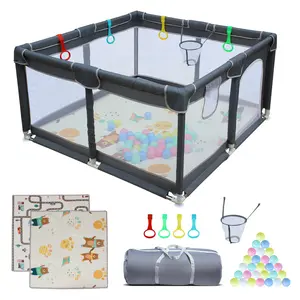 Baby Playpen with Basketball Hoop, Mat, Balls & Carry Bag, Safe Indoor Outdoor Play Yard for Toddlers 47" x 47"