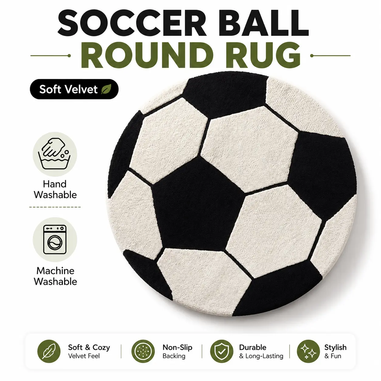 Soccer Ball Themed Round Velvet Area Rug - Machine Washable, Soft Plush, Non-Slip Circular Carpet for Kids Bedroom, Game Room Sports Decor