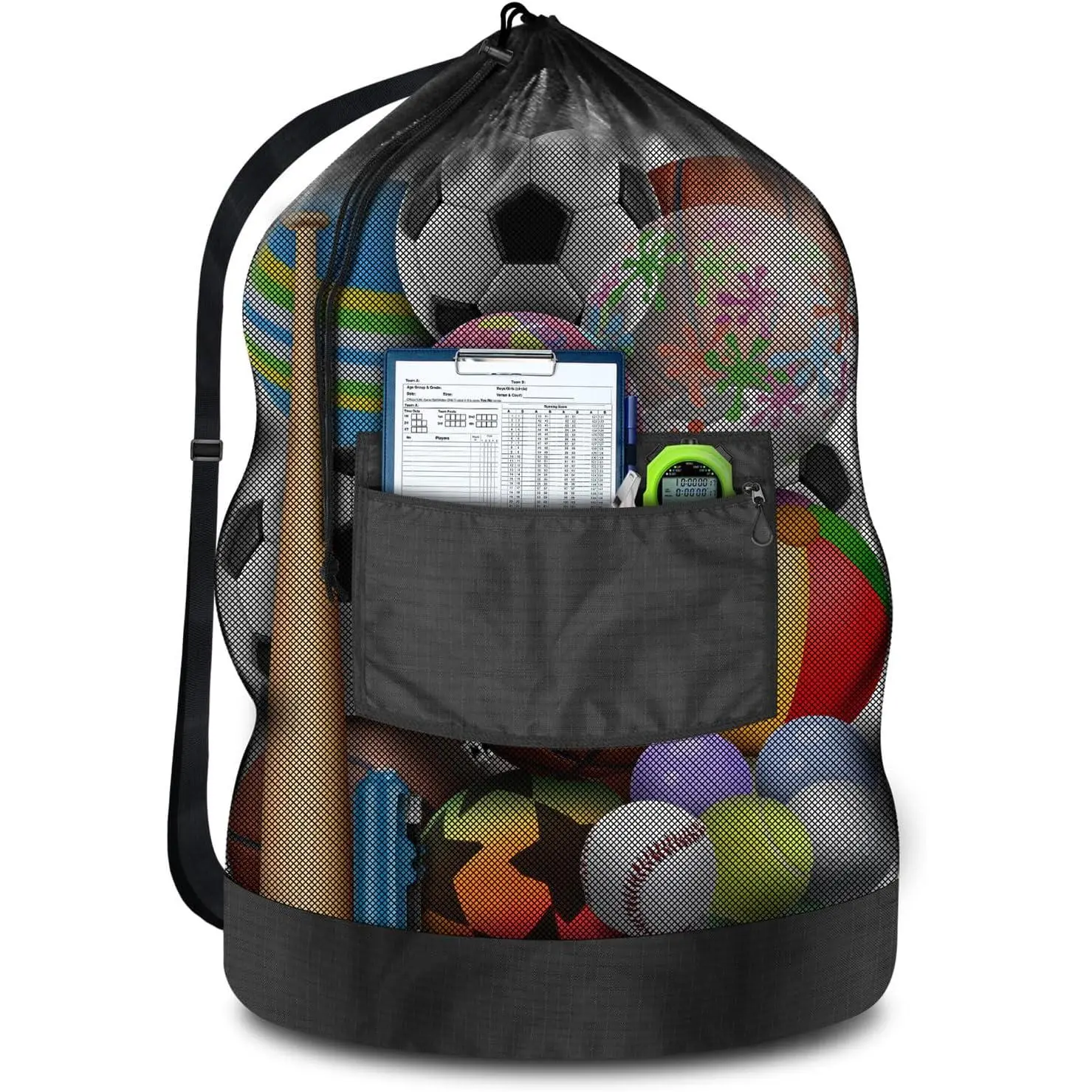 Heavy-Duty Mesh Ball Net Bag, 100L Extra Large Drawstring Equipment Storage with Zipper Pocket for Soccer Balls, Gym & Sport, and Beach Gear, Sports