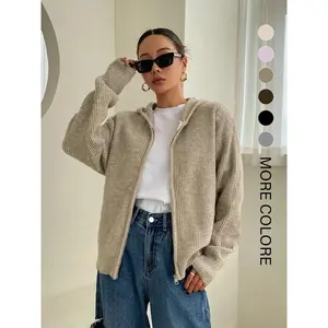 Women’s solid-color zip-up hooded cardigan, casual off-shoulder long-sleeve cardigan, women’s knit sweater for everyday wear in autumn and winter