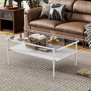 Gray Tempered Glass Rectangle Coffee Table 38.39"x24.21"x17.72" with White Metal Legs MDF Storage Layer 220LBS Capacity Modern Living Room Table Easy Assembly