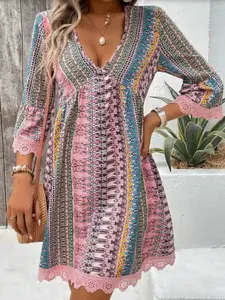 Fashion New V Neck Lace Trim Seven-Quarter Sleeve Dress, Elegant Women's Summer Dress, Stylish Party Wear, Casual Daily