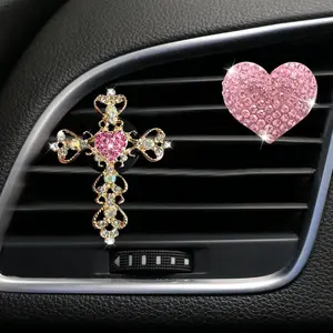 2 count Bling Cross & Heart  Dashboard Air Vent Trim Clip, Sparkly Rhinestone  Air Freshener Clips,  Auto Diffuser Charm Clip, Auto Interior Decoration Accessory for Women Girls ()