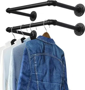 Industrial Pipe Clothes Rack 21.2” Set of 2, Heavy Duty Wall Mounted Black Iron Garment Bar, Multi-Purpose Clothing Hanging Rod for Laundry Room and Closet Storage