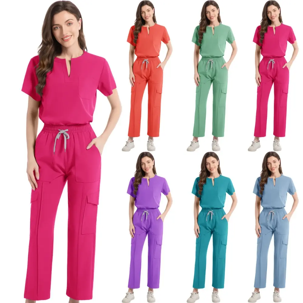 Women's 2-Piece High Stretch Scrubs Set - V-Neck Top & Elastic Pants, Quick-Dry Polyester Spandex Workwear for Medical Professionals, Two-Piece Hospital Uniforms Womenswear Gamis Basic Minimalist Vneck