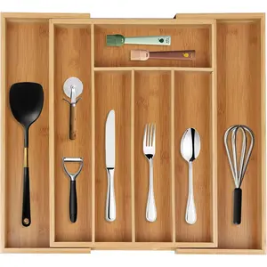 Bamboo Drawer Organizer Expandable Cutlery Tray Adjustable Utensils Holder 5-7 Compartments Wood Drawer Dividers Organizer for Storing Silverware, Flatware, Knives in Kitchen, Bedroom, Living Room