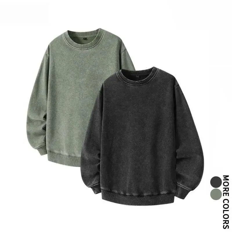 Men's Classic Crewneck Sweatshirt - Vintage Washed, Plain Solid Color, Long Sleeve, Soft Oversized Casual Top for Fall, Daily Commute Outfits