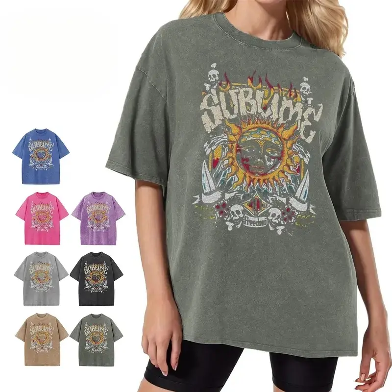 2026 Summer Acid Washed Vintage Sun Pattern T-Shirt, Heavy Weight Cotton Streetwear Graphic Vintage Tees Menswear Womenswear Crewneck Tshirt Sassy Statement Tees