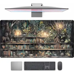 Forest Library Book  Pad Desk Mat, Mystical Green Tree House XXL Extended Large Gaming Desk Pad Mousepad  Laptop Keyboard and  Mat, Office Desk Decor Pad for Women 31.5x15.7 in