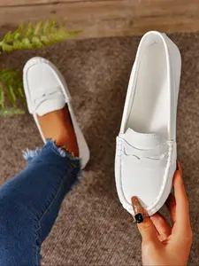 Women's Solid Color Slip on PU Leather Loafers, Casual Comfortable Breathable Flat Shoes for Daily Wear, Lightweight Breathable Shoes for All Seasons