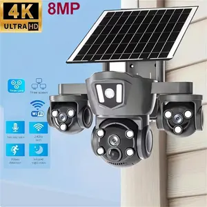 Mother's Day Gift:1pc Outdoor Solar Security Camera - 4K Triple Lens Linkage, 2.4G WiFi Connection Ultra-clear Color Night Vision, 355° Pan And Tilt, Two-way Audio, Solar Panel Or USB Charging, SD And Cloud Storage, Home Security Smart And Easy To Use