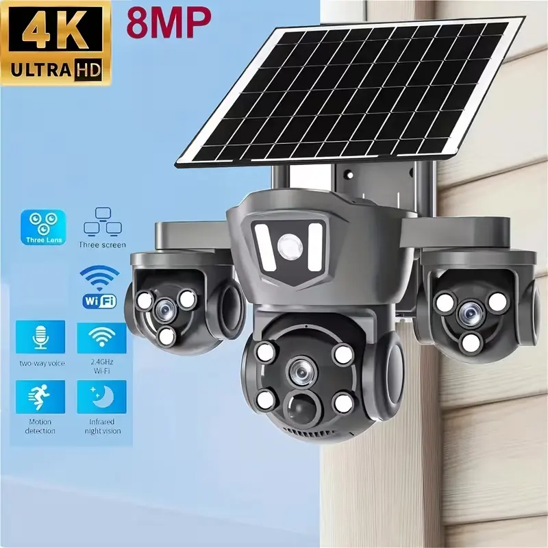 4K Solar Security Camera, 3-Lens 355° Panoramic PTZ, Color Night Vision, 2-Way Talk, Wireless WiFi, Cloud Storage (No SD Card Needed), Easy Installation