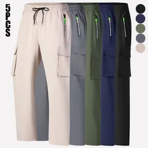 Men’s 5-Piece Minimalist Fashion Ice Silk Casual Athletic Cargo Pants Set — Drawstring Waistband, Zipper Pockets, Skin-Friendly Comfort, Essential for Warm Weather and Everyday Wear Plain Menswear Trouser, Activewear, Sportswear, Sports Clothes, Mens Clot