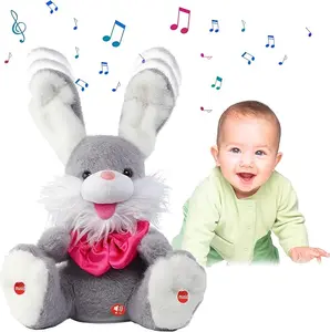 EMOIN Peek-A-Boo Rabbit Toy Talking stuffed animal repeats your words, sings children's songs and lullabies Plush toy has soft ears (gray)
