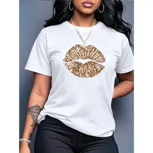 100% cotton faux sequin big lips print casual round neck short-sleeve T-shirt, soft and comfortable, light and breathable, suitable for spring, summer, and autumn
