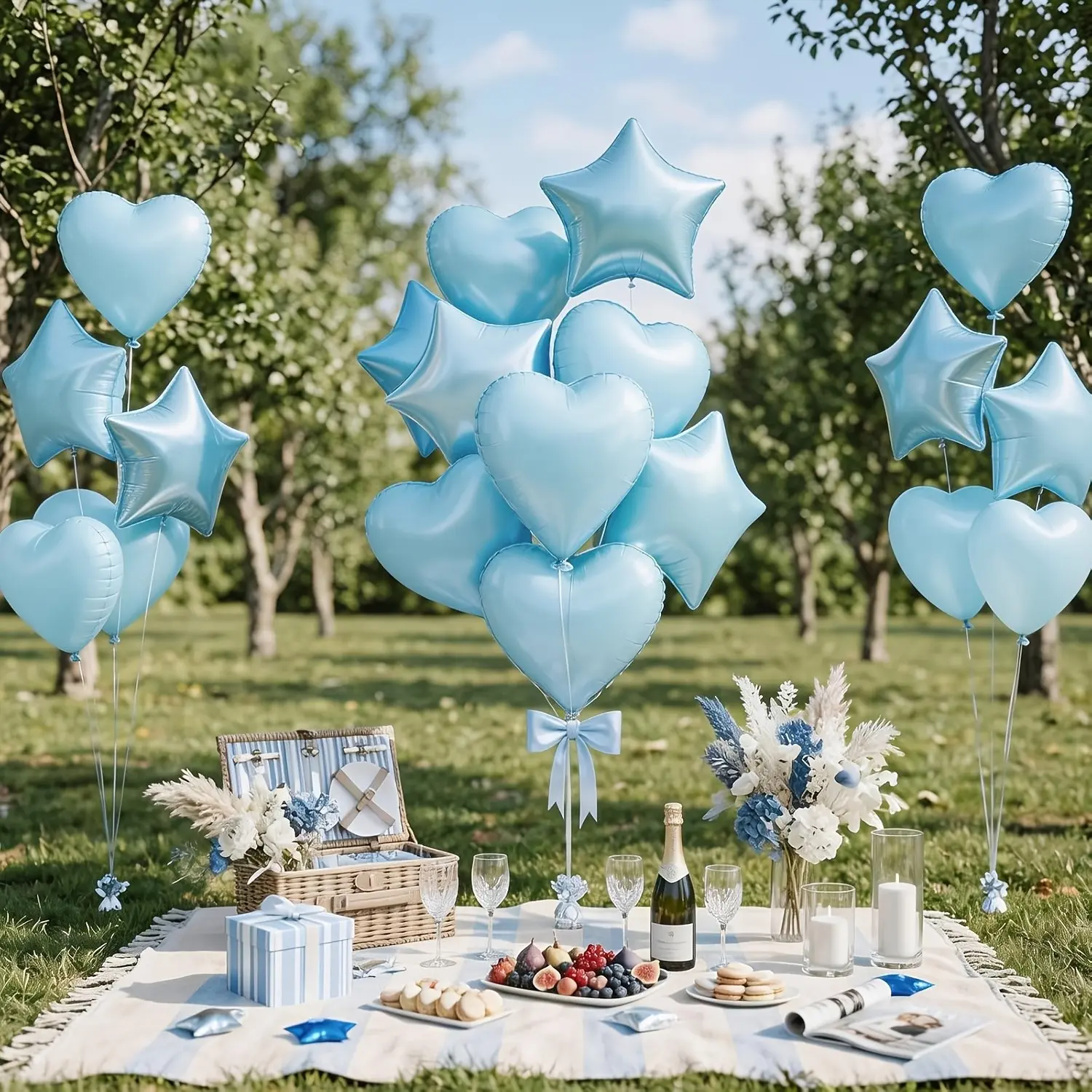 Blue Love Balloon, 12 Blue Star Balloons, 18 inch Love Heart Balloon, and Star Aluminum Foil Balloon, suitable for men and boys to welcome babies and send gender revealing birthday, wedding anniversary, graduation party decoration