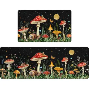 Red Mushroom Rug Kitchen Mats for Floor Cushioned Anti Fatigue Black Kitchen Rugs Sets of 2 Butterfly Non Slip Waterproof Comfort Memory Foam Standing Floor Mat for Office Laundry Sink Desk