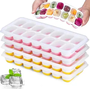 Silicone Ice Cube Tray, 4 Pack Easy-Release & Flexible 14-Ice Cube Trays with Spill-Resistant Removable Lid, Stackable Ice Trays with Covers for Freezer, Cocktail (2 Yellow + 2 Pink)