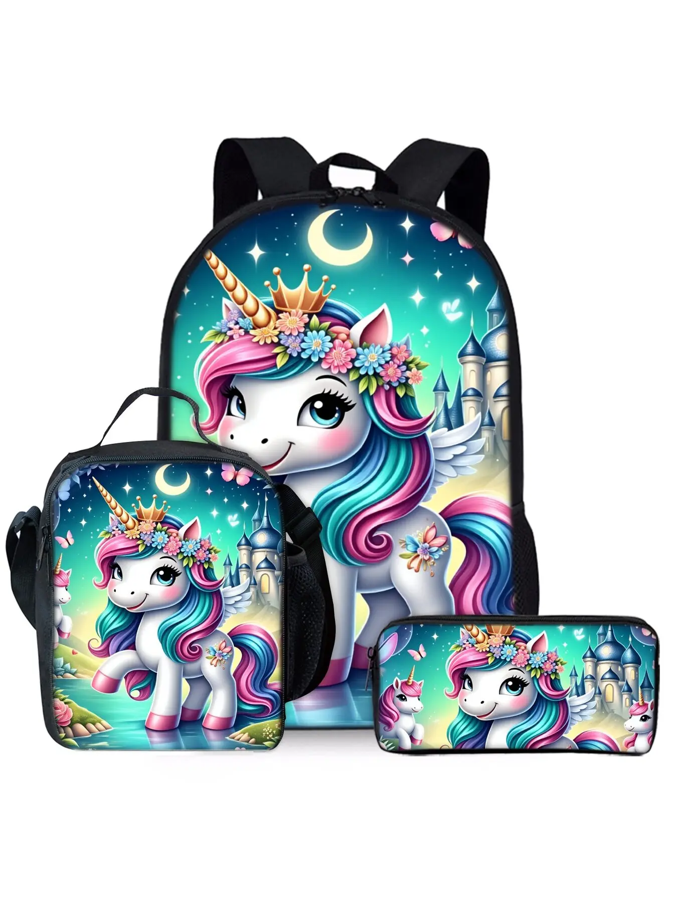 Three-piece set of moon unicorn printed backpacks, including lunch bag, pencil case, and backpack