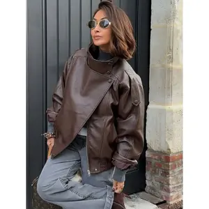 Fashion Oversized Asymmetrical Zip Motorcycle Jacket, Coats, Women's Black Faux Leather Long-Sleeve Casual Street Style Outerwear, New 2026 Spring and Autumn Jacket