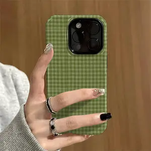 for iPhone 13. Fresh and simple style, green striped design, checkered pattern phone case, suitable for iPhone 11, 12, 13, 14, 15, 16, 17 Pro Max and Samsung Galaxy S25 Ultra, S24 Plus, S23 FE, S22, S21. New 2-in-1 shockproof design.