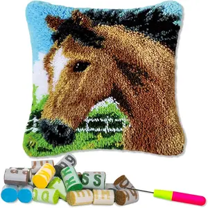 Latch Hook Kits for DIY Throw Pillow Cover,Needlework Cushion Cover Hand Craft Crochet for  Family 17X17inch(Brown Horse)