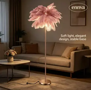 Ennva Fluffy Ostrich Feather Floor Lamp, Rose Gold Curved Tall Standing Lamp with 3 Color Temperatures, Modern Stylish Indoor Light Including Bright LED Bulb (Blush Pink), Suitable for Living Room, Bedroom