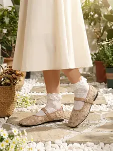 Sheer Mesh Mary Jane Ballet Flats with Floral Embroidery, Comfortable Cottagecore Aesthetic Shoes for Women, Soft Sole Slip-On Mules