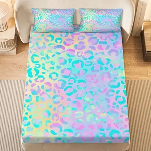 3Pcs Pastel Leopard Print Rainbow Fitted sheet Three Piece Set (1*Fitted Sheet+2*Pillowcases, Coreless), Birthday theme, Colorful Animal Print Bedding Set, Mattress protector Soft, Breathable