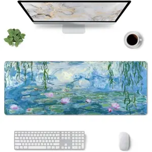 Monet Water Lilies Mouse Pad Stitched Edge XL Large Mousepad 24" X 14" Rubber Base Non Slip Desk Mat for Laptop Pc Computer Gaming