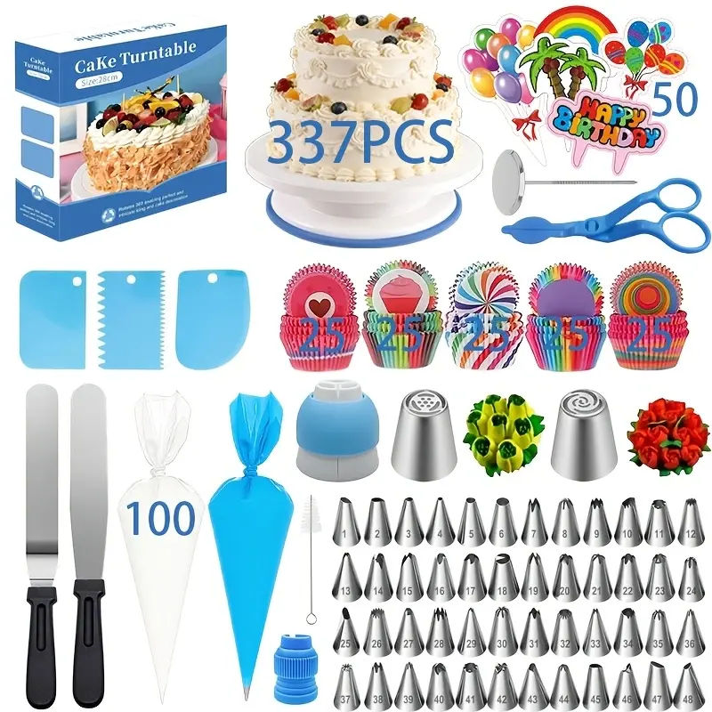 337-piece cake decorating tool set, including a 28 cm rotating cake turntable, stainless steel spatula, reusable silicone piping bags and disposable piping bags, assorted piping tips, cream scraper, paper cupcake liners, cake layer divider, and piping sci